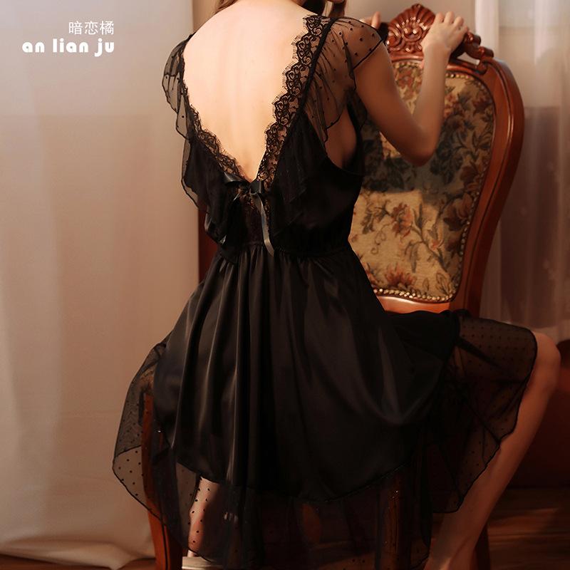 فساتين نوم دانتيل مغرية للأزواج - فستان حريري بدون أكتاف بشبكة مزينة بالفراشات